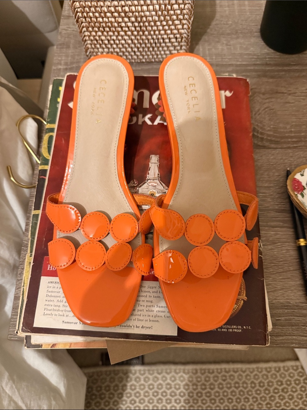 CECelia New York Orange Patent Circle-Appliqué Slide Mules